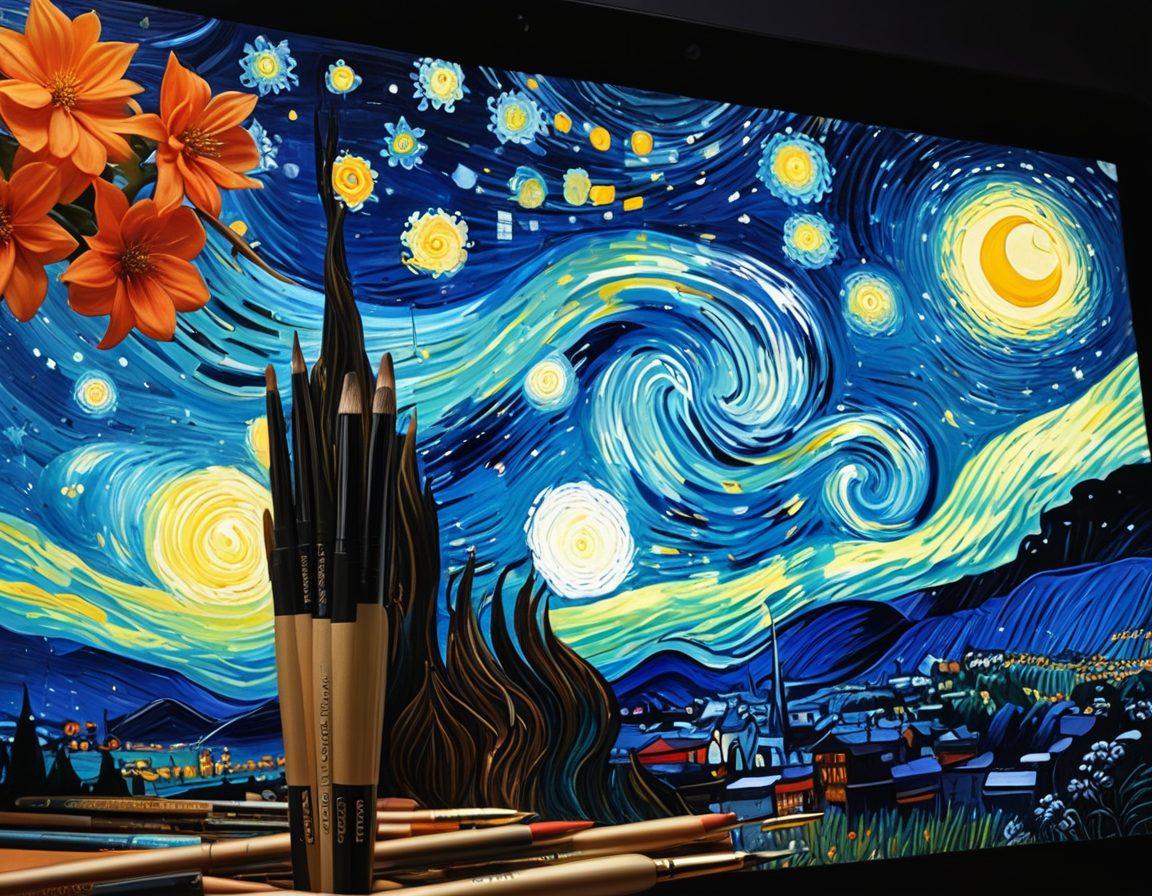 A dynamic blend of classical fine art elements seamlessly transitioning into vibrant digital creations. Show iconic masterpieces merging with contemporary digital art, with rich colors and intricate details. Include contrast between traditional art tools like paintbrushes and modern tech like tablets. vibrant colors, super-realistic.
