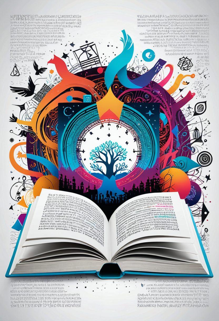 A surreal digital fusion of vibrant web elements interwoven with colorful, abstract art and patterns. In the center, a large open book with artistic sketches pouring out into a digital interface suggests a bridge between creativity and technology. Creative symbols, artistic paraphilia and coding elements subtly entwine in the background. Super-realistic. Vibrant colors. White background.