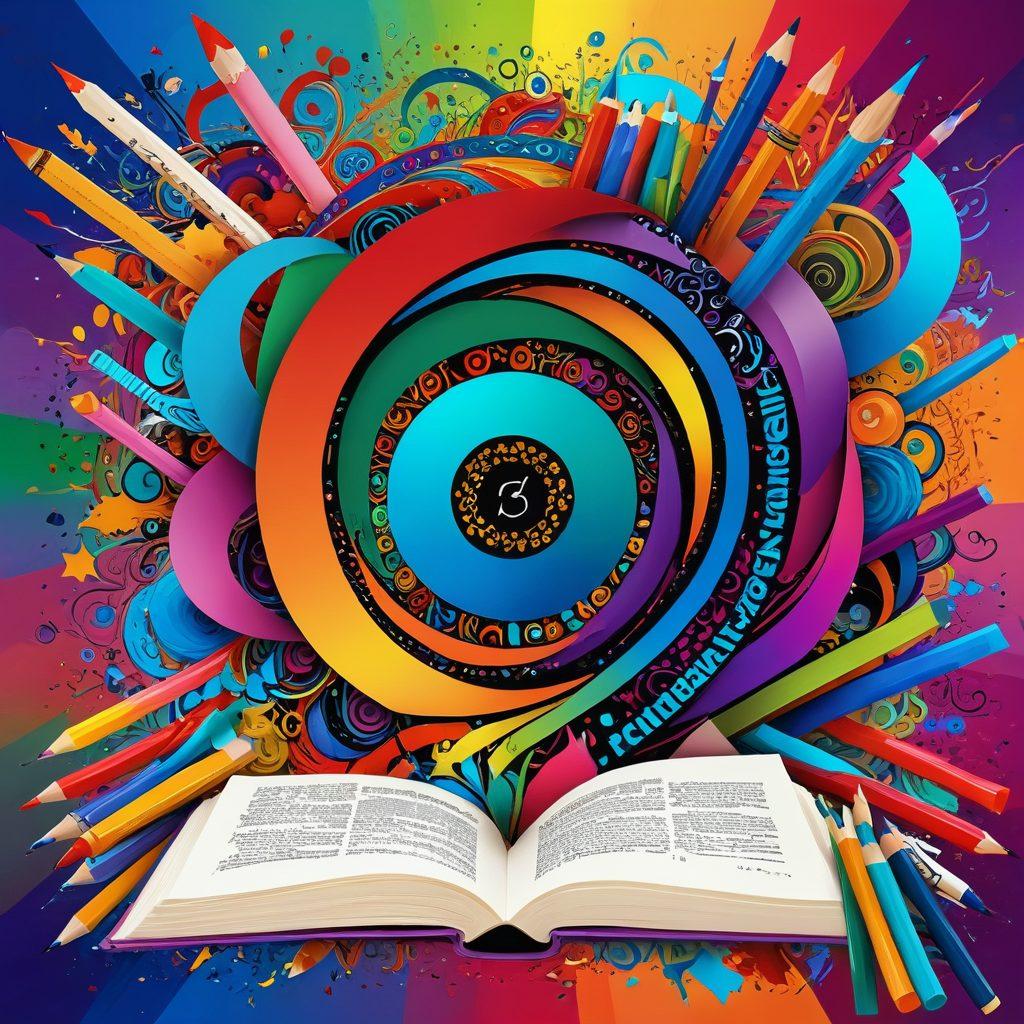 A vibrant digital collage of an open dictionary with words transforming into colorful, abstract art pieces - including paintbrush strokes, mosaic patterns, and doodles - emerging from its pages, set against a dynamic, swirling background of various creative tools like pencils, paint tubes, and digital icons. vibrant colors. digital art.